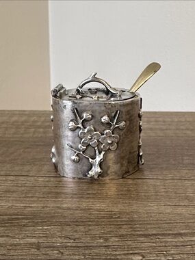 ZEE WO Chinese Export Silver Cherry Blossom Mustard Pot